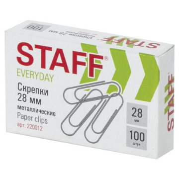 Скрепки STAFF «EVERYDAY», 28 мм, металлические, 100 шт., в картонной коробке, Россия