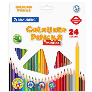 Карандаши цветные BRAUBERG PREMIUM, 24 цвета, трехгранные, грифель 3 мм
