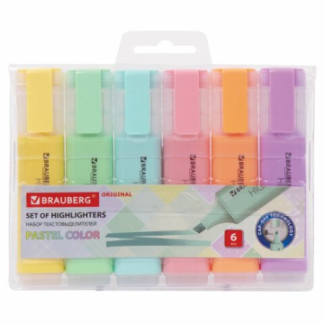 Набор текстовыделителей 6 ЦВЕТОВ, BRAUBERG «ORIGINAL PASTEL», линия письма 1-5 мм