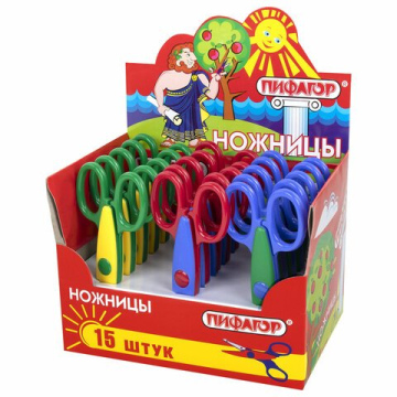 Ножницы ПИФАГОР, 135 мм, фигурное лезвие, ассорти, в дисплее