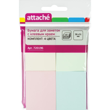 Стикеры Attache 38×51 мм 4 цвета (4 блока по 25 листов)