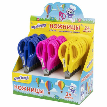 Ножницы ЮНЛАНДИЯ 130 мм, с линейкой, цвет ассорти, в дисплее