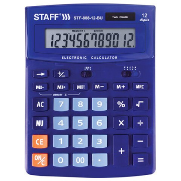 Калькулятор настольный STAFF STF-888-12-BU (200х150 мм) 12 разрядов, двойное питание, синий